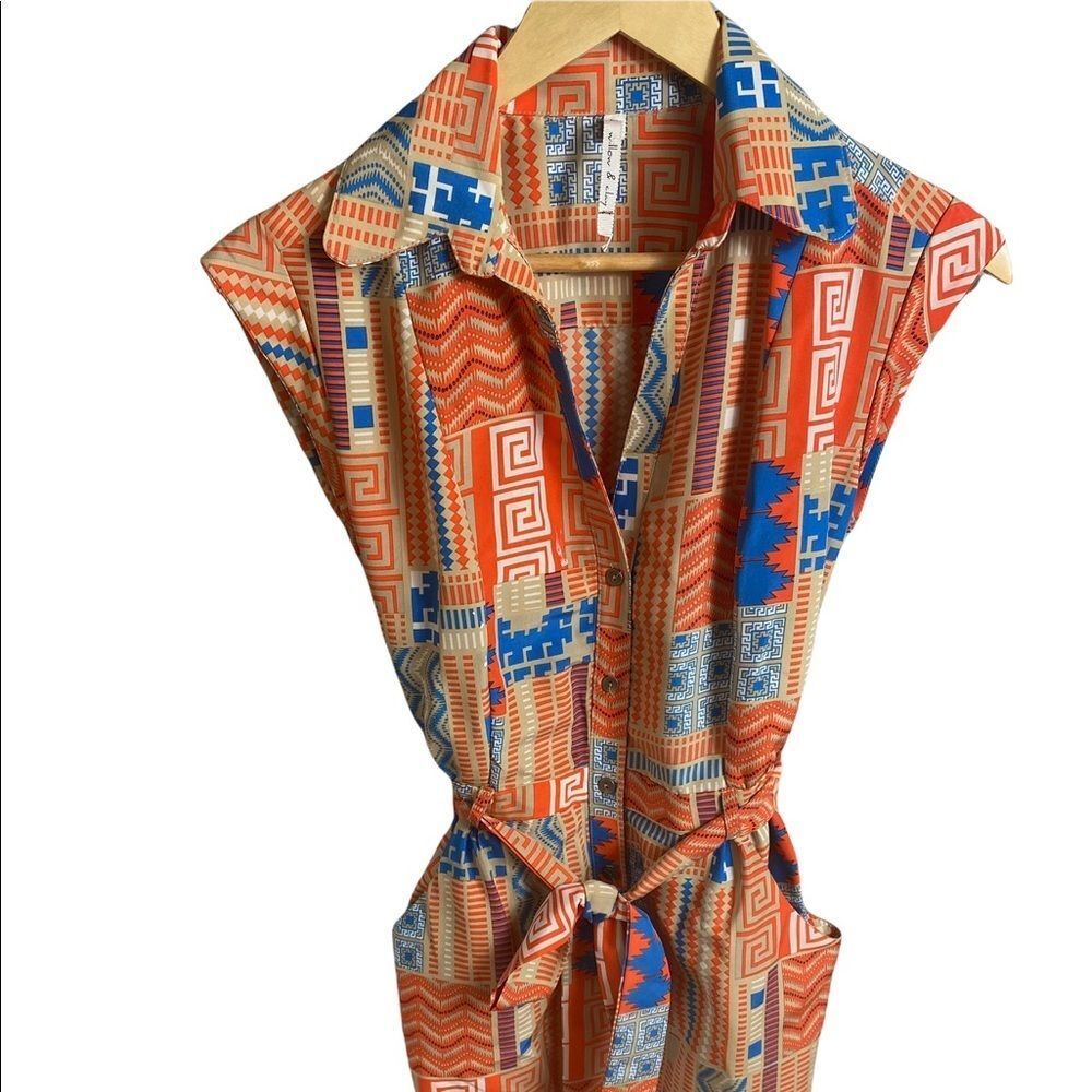 Willow And Clay full button summer Aztec printed belted Mini Dress small